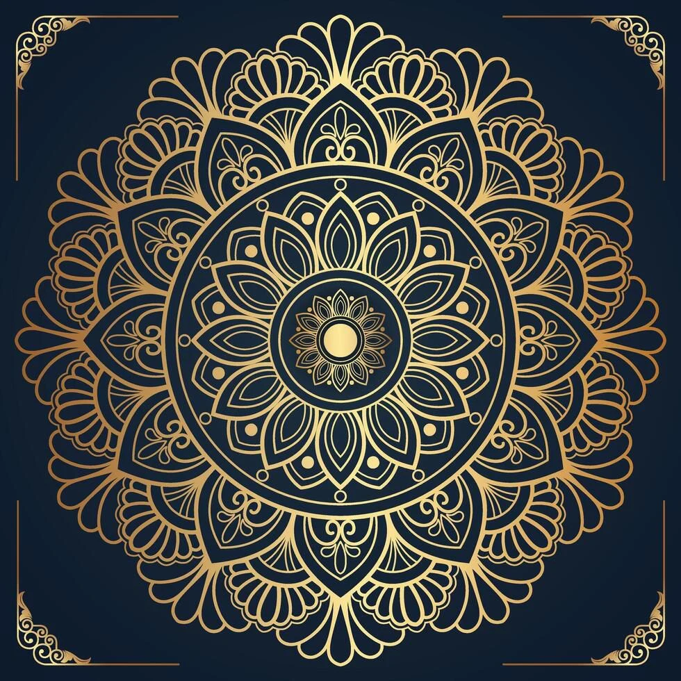 Hand-drawn golden Indian mandala on a deep navy ground