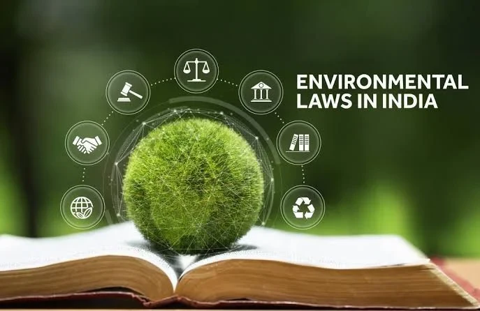 Environmental laws in India - a green globe resting on an open book, ringed by icons of law and sustainability